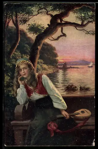 Künstler-AK sign. Kroy: Goldelse, junges Mädchen mit Laute