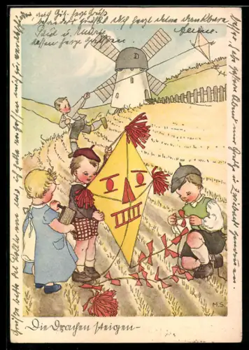 Künstler-AK sign. M.S.: Kinder spielen mit Drachen vor einer Mühle