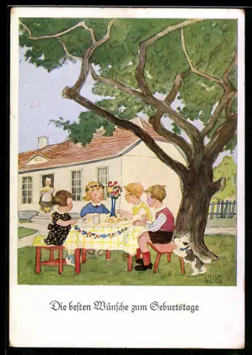 Künstler-AK sign. Lindeberg: Kinder sitzen im Garten an einem Tisch, daneben ein niedlicher Hund