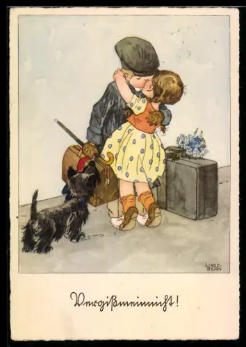 Künstler-AK sign. Lindeberg: Kinder im innigen Kuss mit Reisegepäck