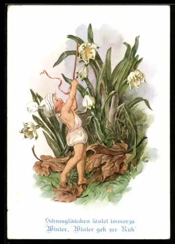 Künstler-AK sign. M. Simrock-Michael: Elf spielt mit einem Schneeglöckchen