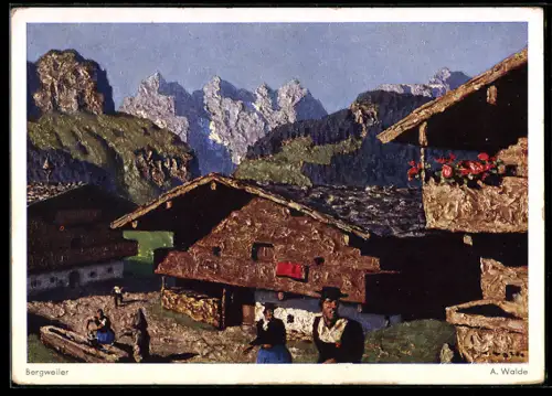 Künstler-AK sign. A. Walde: Sonnige Szene auf einem Bergweiler