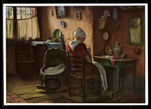 Künstler-AK sign. Julius Schrag: Mütterliches Behüten, Mutter sitzt neben einem Kinderbett