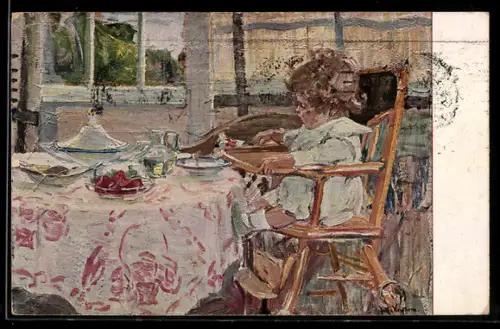 Künstler-AK sign. Julie Wolfthorn: Peterle, Kleinkind sitzt an einem Tisch