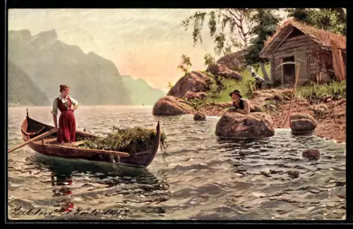 Künstler-AK sign. Dahl: Liebesgruss, Bauer streckt die Hand nach hübscher Frau auf einem Boot aus