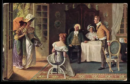 Künstler-AK sign. Volkhardt: Willkommen, Feine Gesellschaft empfängt zwei hübsche Damen