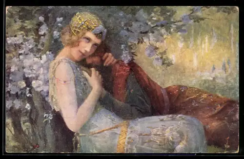 Künstler-AK sign. Bussière: Viviane et Merlith, hübsches Paar unter einem Baum