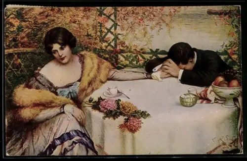 Künstler-AK sign. Ridel: Das Ende eines Traumes, Trauriger Mann hält die Hand einer hübschen Frau