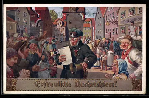 Künstler-AK sign. J. Durst: Mann mit Glocke verkündet freudige Nachrichten auf einem Marktplatz
