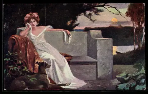Künstler-AK sign. Ferdinand Wagner: Einsam, Schöne Frau sitzt bei Sonnenuntergang auf einer Bank