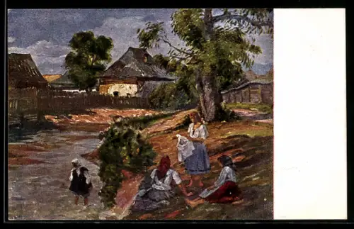 Künstler-AK sign. Székely: Ein Sommernachmittag, Drei Frauen sitzen an einem Bach