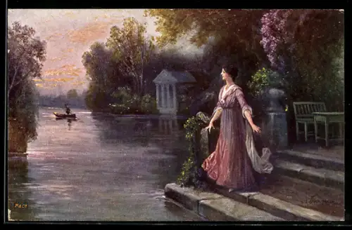 Künstler-AK sign. A. Dachauer: Kleiner Salon, Hübsche Frau sieht einem Ruderboot nach