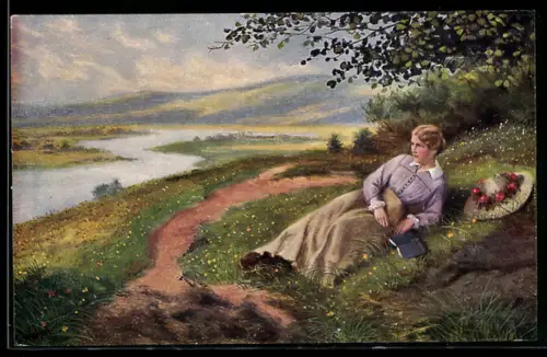 Künstler-AK sign. H. Wehm: Ein stilles Plätzchen, Junge Frau mit Buch liegt auf einer Wiese