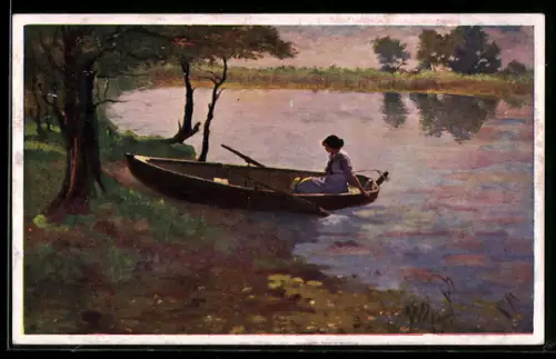 Künstler-AK sign. Hans Massmann: Im Kahn, Frau sitzt in einem Ruderboot