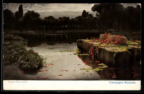 Künstler-AK sign. Enrique Serra: Ruinen im Wasser