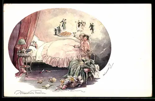 Künstler-AK Mädchentraum, zwei Engel feiern auf dem Bettrand eines träumenden Mädchens