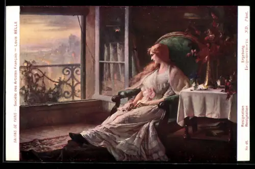 Künstler-AK sign. Louis Belle: Résignation, Schöne Frau sitzt in einem Sessel und sieht aus dem Fenster