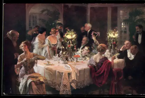 Künstler-AK sign. Jules Grün: Ende von Abendessen, Feine Gesellschaft am Essenstisch