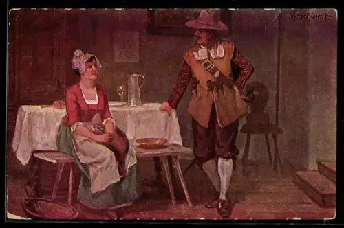 Künstler-AK sign. V. Schivert: Mann mit Degen unterhält sich mit einer hübschen Frau