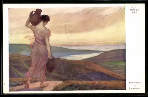 Künstler-AK sign. A. D. Goltz: Mädchen mit Krügen auf dem Weg zur Quelle