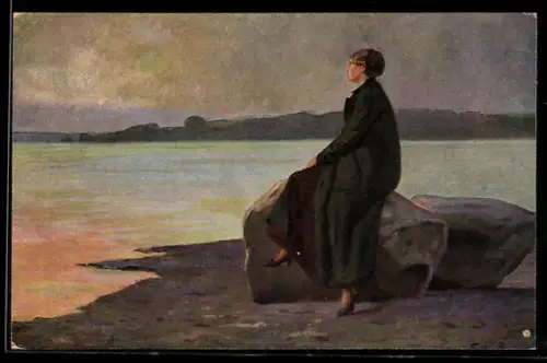 Künstler-AK sign. Fritz Raupp: Scheidender Tag, Melancholische Dame betrachtet den Sonnenuntergang