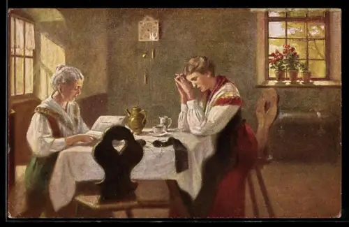 Künstler-AK sign. K. Lehn: Sei stark, Zwei Damen sitzen an einem Tisch