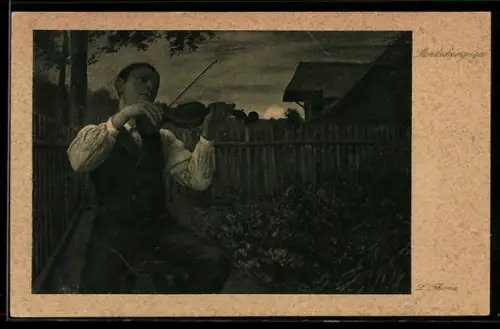 Künstler-AK sign. L. Thoma: Mondscheingeiger, Junge spielt seine Violine bei Nacht