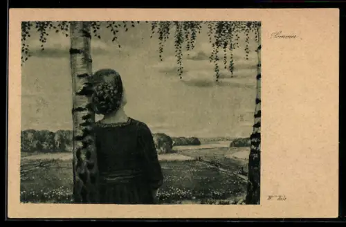 Künstler-AK sign. W. Voss: Sommer, Hübsche Frau lehnt an einer Birke und betrachtet den Himmel