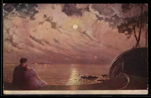 Künstler-AK sign. A. Matignon: Nocturne, Hübsches Paar sitzt am Wasser und sieht in den Himmel