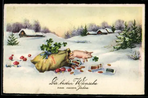 AK Glücksschwein springt aus einem Geldsack, Winterlandschaft mit Dorf