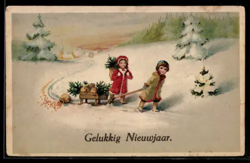 AK Zwei Kinder ziehen Schlitten mit Geldsäcken durch eine Winterlandschaft