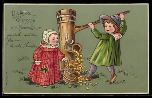 AK Glückliches Neujahr, Kinder am Geld-Brunnen