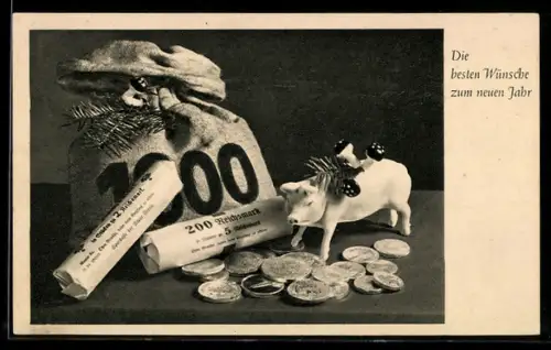 AK Geldsack mit 1000 Reichsmark, 2 Geldrollen und Glücksschwein