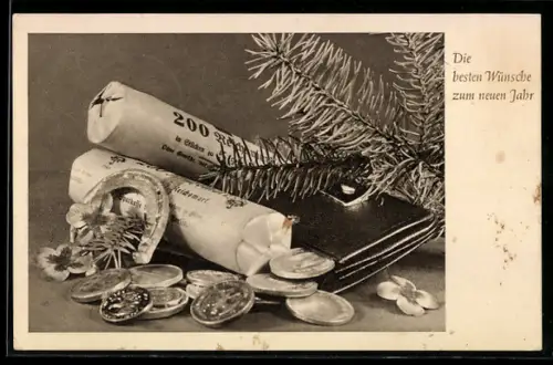 AK Geldrollen, Münzen, Geldbörse, Hufeisen, Tannenzweig