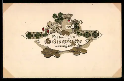 AK Geldsack mit 1000 Mark und Münzrolle mit 2000 Mark, Kleeblätter