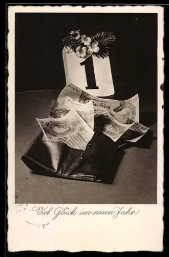 AK Geldscheine und Kalenderblatt zum 1. Januar