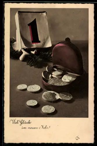 AK Münzen und Kalenderblatt zum 1. Januar, Geld