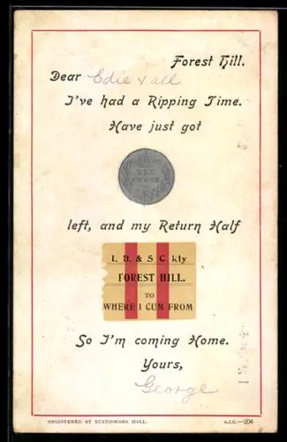 AK Britische Münze Six Pence, L.B. & S.C. Railway, Forest Hill, Geld