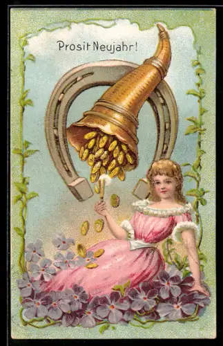 AK junge Frau liegt unter einem Horn aus dem Geld fällt