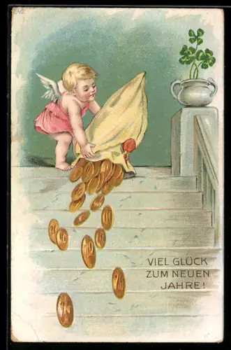 AK Fröhliches Neues Jahr!, Amor schüttet Geldbeutel aus