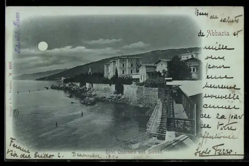 Mondschein-AK Abbazia, Hotel Quarnero und Seebad