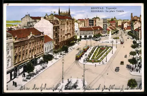 AK Belgrade, La place Terazia, Strassenbahn