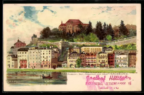 Lithographie Salzburg, Ausblick vom Gasthaus Brauerei zur Hölle, Ruderboot
