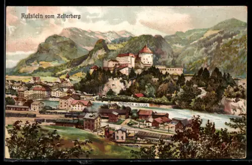 AK Kufstein, Blick vom Zellerberg auf den Ort mit Gasthaus Auracher Keller