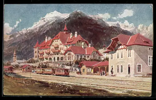 AK Fulpmes, Stubai - Hotel und Stubaitalbahn fährt in den Bahnhof