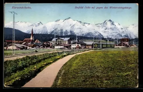 AK Seefeld, Bahnhofsgelände mit Karwendelbahn und Blick auf das Wettersteingebirge