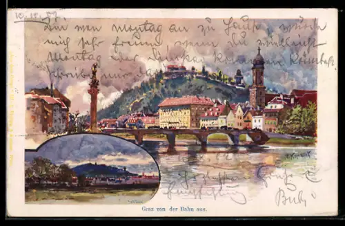Künstler-AK Franz Kopallik: Graz, Teilansicht mit Brücke, Blick von der Bahn auf die Stadt