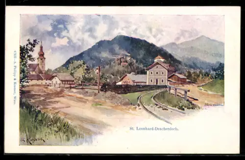 Künstler-AK Franz Kopallik: Grödig, St. Leonhard, Drachenloch