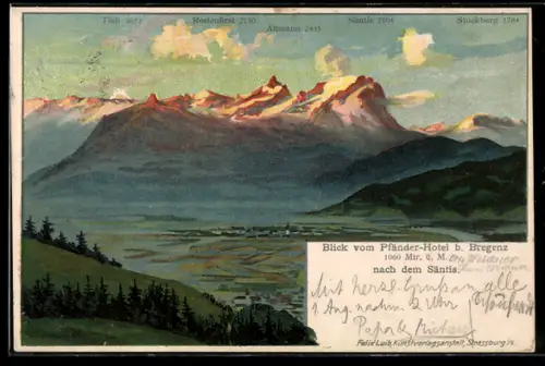 Lithographie Bregenz, Blick vom Pfänder Hotel nach dem Säntis