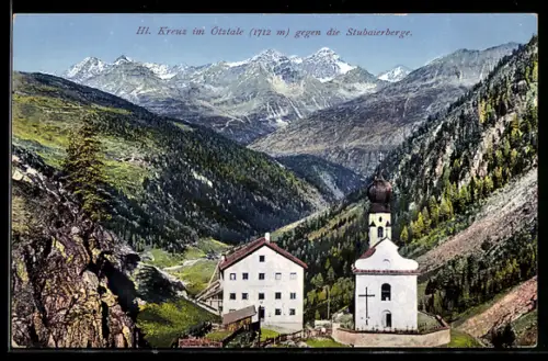 AK Hl. Kreuz im Ötztale, Ortspartie mit Kirche gegen die Stubaierberge